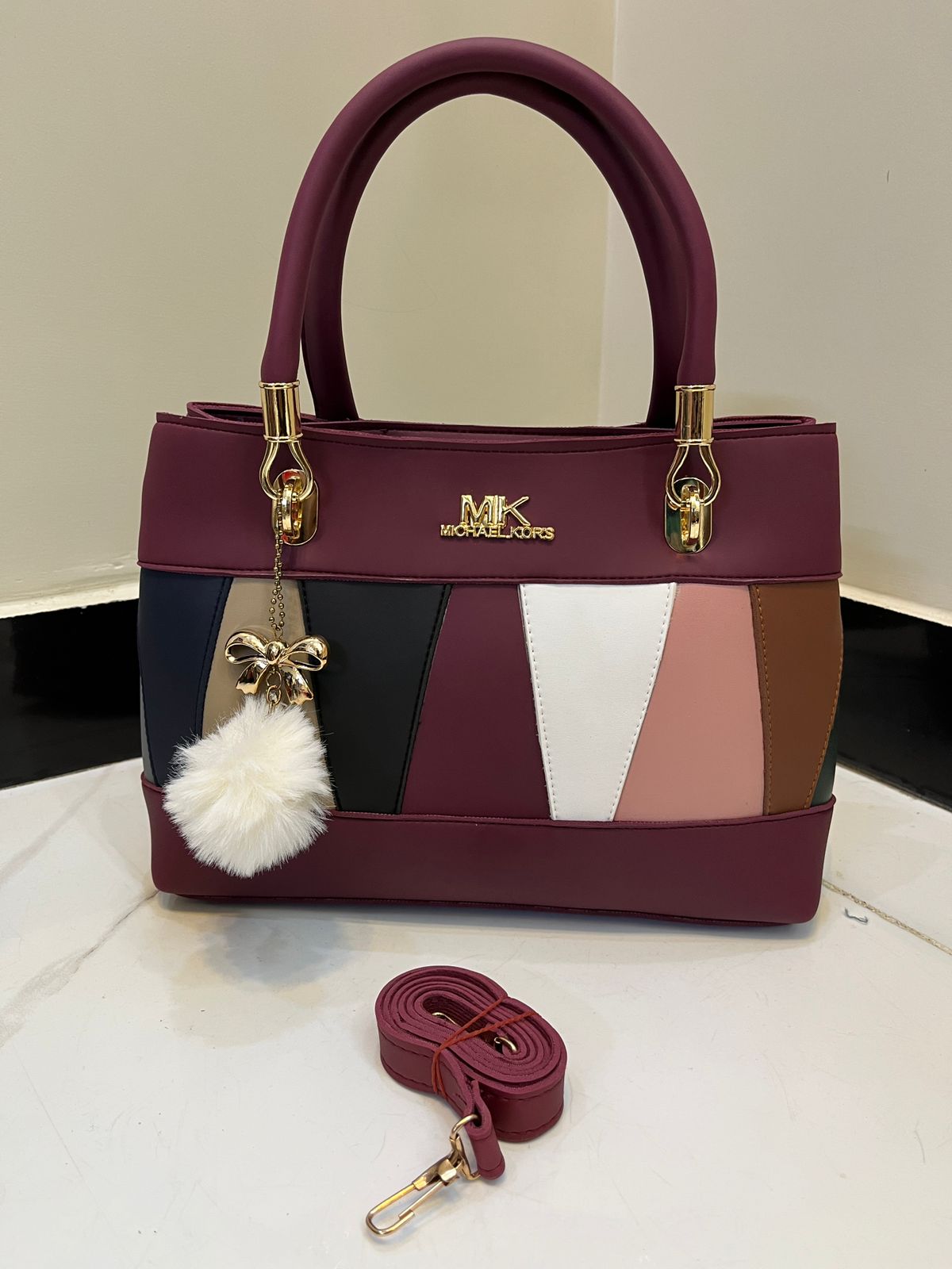 👜 MK Design Handbag with Double Pocket & Imported Keychain - Image 4